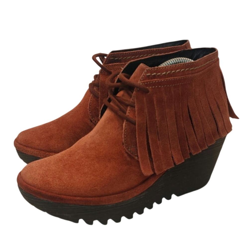 Brown / orange suede Fly London Fringe booties